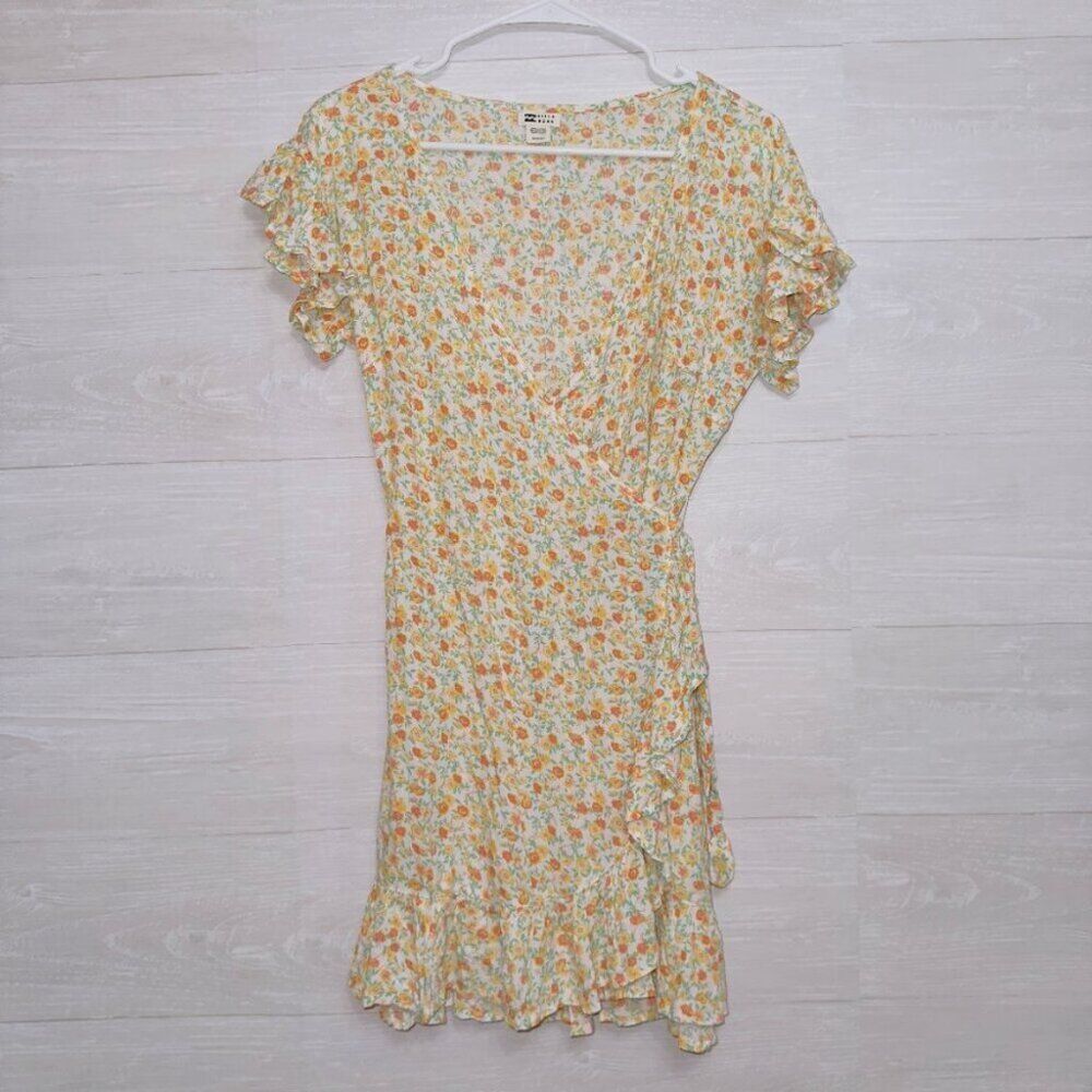 BillaBong Yellow‎ Floral Print Short Sleeve Mini Wrap Dress size S